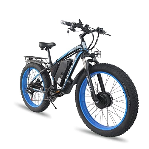 Elektrische Mountainbike : BYINGWD 26 Zoll E-Bike Mountainbike, Elektrofahrräder ebike, 26 Zoll E-Bike Mountainbike, mit Hinterradmotor+Vorderradmotor, Doppelmotor，Abnehmbare Lithium-Batterie， Shimano 21-Gang， (Blue)