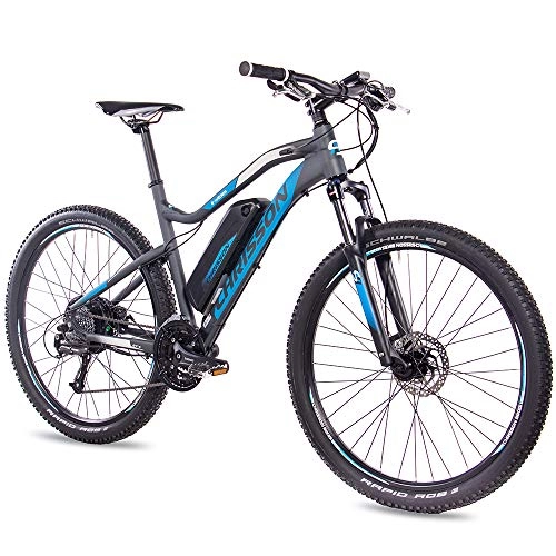 Elektrische Mountainbike : CHRISSON 27, 5 Zoll E-Bike Mountainbike - E-Weger grau blau 48 cm - Elektro Fahrrad für Herren und Damen - 27 Gang Shimano Altus Kettenschaltung - Pedelec mit Bafang Hinterradmotor 250W, 45Nm