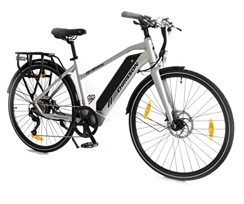 Elektrische Mountainbike : CHRISSON 28 Zoll E-Bike eTREKKING Bike eSARGOS Lady mit 9G Shimano 14Ah Samsung Silver grau matt