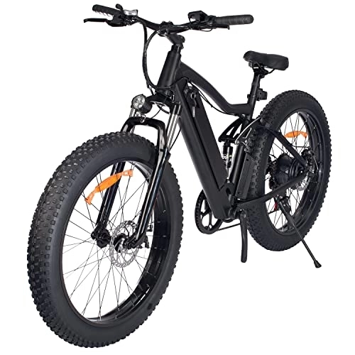 Elektrische Mountainbike : E-Bike 26“ | E-Mountainbike 7-Gang-Schalthebel & Hinterradmotor für 25 km / h | Fahrrad mit MTB Federgabel, LED Licht & Sportsattel | ONES1 (Schwarz)