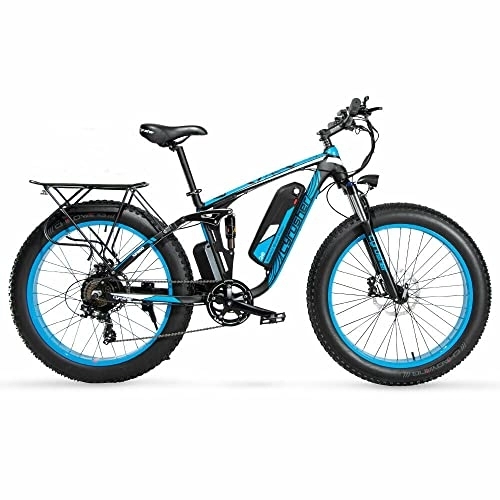 Elektrische Mountainbike : Extrbici XF800 Mountainbike, 250 W, 48 V, elektrisches Mountainbike, vollständig gepolstert, mit Gepäckträgertasche (blau)
