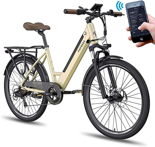 Elektrische Mountainbike : Fafrees 26'' Elektrofahrrad für Erwachsene, F26 Pro City E-Bike mit 36V 10AH Wechselakku, Damenfahrrad mit Intelligent App, Shimano 7S Mountainbike für Herren, 120kg (Gold)