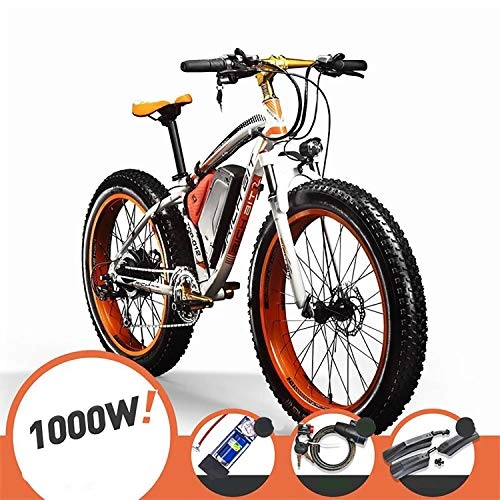 Elektrische Mountainbike : FYHJND Electric Mountain Bike Elektro-Bike Powerful Big Reifen MTB Elektro 48V 17AH 1000W E-Bike Beach Cruiser 21 Speed-Elektro-Schnee-Fahrrad, Gelb, 26