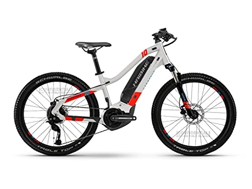 Elektrische Mountainbike : HAIBIKE HardFour 400Wh 9-G Altus 24 Zoll Yamaha cool Grey-red-Cyan XS / 34 2021