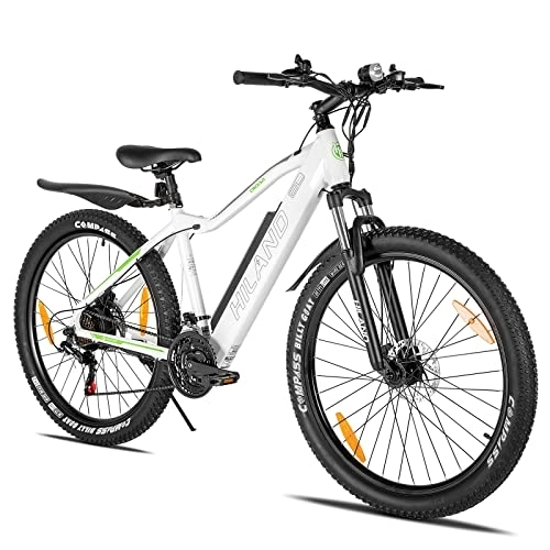 Elektrische Mountainbike : HILAND E-Bike 26'' Fat Tire E-MTB Elektrofahrrad Aluminium E-Mountainbike Shimano 21 Gänge & Hinterradmotor für Damen und Herren 25 km / h, Weiß