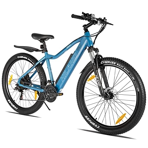 Elektrische Mountainbike : HILAND E-Bike 26 Zoll Fat Tire E-MTB Elektrofahrrad Aluminium E-Mountainbike Shimano 21 Gänge & Hinterradmotor für Damen und Herren 25 km / h Blau