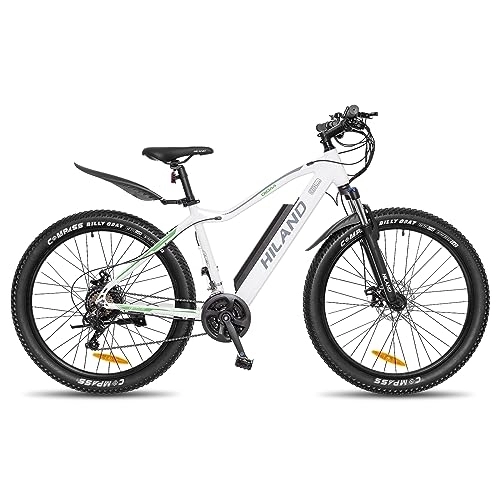 Elektrische Mountainbike : HILAND E-Bike 27, 5'' Fat Tire E-MTB Elektrofahrrad Aluminium E-Mountainbike Shimano 21 Gänge & Hinterradmotor für Damen und Herren 25 km / h, Weiß