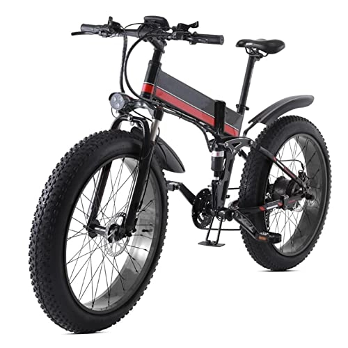 Elektrische Mountainbike : HMEI Falten Sie Elektrofahrrad für Erwachsene 26 Zoll Fettreifen Elektrofahrrad 1000W 48V 12, 8Ah Elektrisches Mountainbike 21 Geschwindigkeit Ebike (Farbe : Rot)