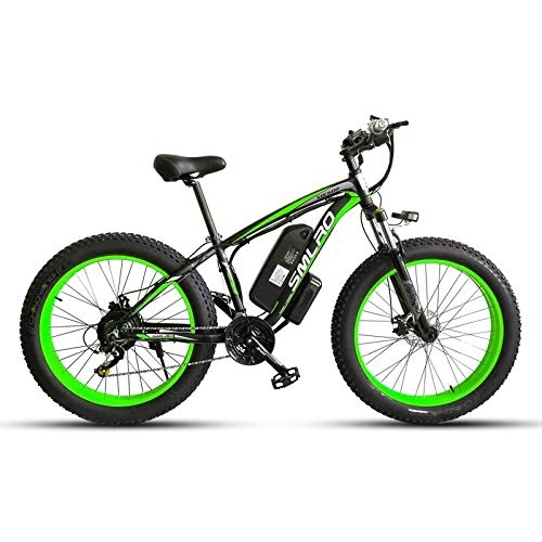 Elektrische Mountainbike : JUYUN 26 Zoll Fettreifen Elektrofahrrad 350W Mountainbike für Herren Damen, 48V 15Ah Lithium-Akku Vollfederung Scheibenbremsen, Stadtrad Citybike, Black Green