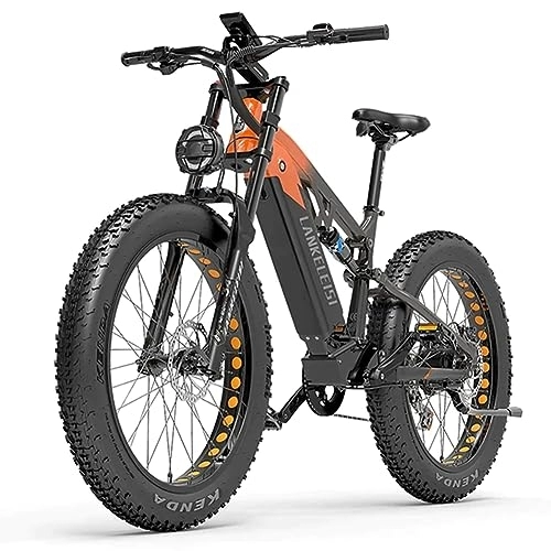 Elektrische Mountainbike : Kinsella LANKELEISI RV800 Elektrisches Mountainbike Motor Bafang Akku Samsung 48 V 20 Ah, große Reifen 26 x 4, 0, Elektrofahrrad mit voller Federung (Orange)