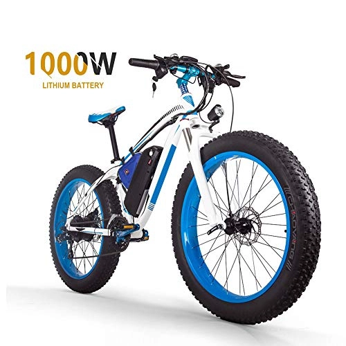 Elektrische Mountainbike : LABUBY Fettreifen Elektrofahrrad 48v 16ah / 1000w Mountainbike 26" E-Bike Mit Lithium-Batterie 21-Gang Vollfederung Hydraulische Scheibenbremse Elektrisches Fahrrad(Europa Standard), White, Blue