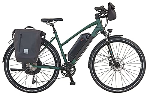 Elektrische Mountainbike : Prophete Entdecker eT300 Trekking E-Bike 28" | Trapezrahmen mit Fahrradtaschen | Damen / Herren / Elektrofahrrad | AEG Hinterradmotor | olivgrün