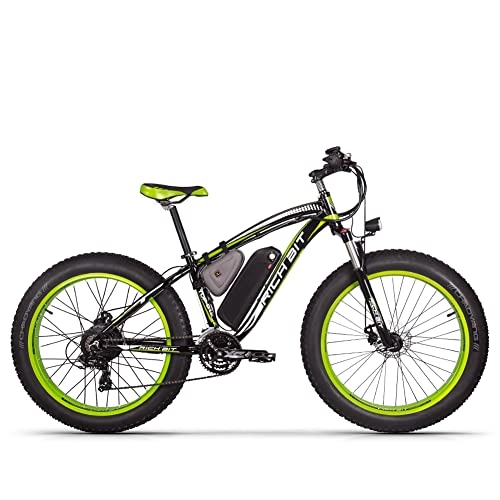 Elektrische Mountainbike : RICH BIT Herren-Elektrofahrrad für Erwachsene, 48 V, 12, 5 Ah, Abnehmbarer Lithium-Akku, 26 x 4, 0 Zoll, Fatbike, Mountainbike für Erwachsene, abschließbare Federgabel(Schwarz & Grün)
