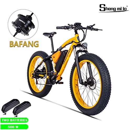 Elektrische Mountainbike : Shengmilo Bafang 500W Motor Elektrofahrrad, 26 Zoll Mountain E-Bike, 4 Zoll Fetter Reifen, Zwei Batterien Enthalten (Gelb)