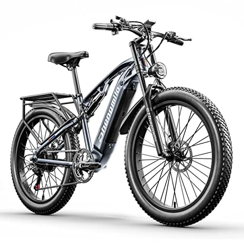 Elektrische Mountainbike : Shengmilo E Bike Herren Elektrofahrrad 26 Zoll E-Mountainbike Vollfederung E-Bike 48V 15Ah Akku 7 Gang Schaltwerk Pedelec Elektrisches Fahrrad mit Fat Tire, hydraulische Scheibenbremsen