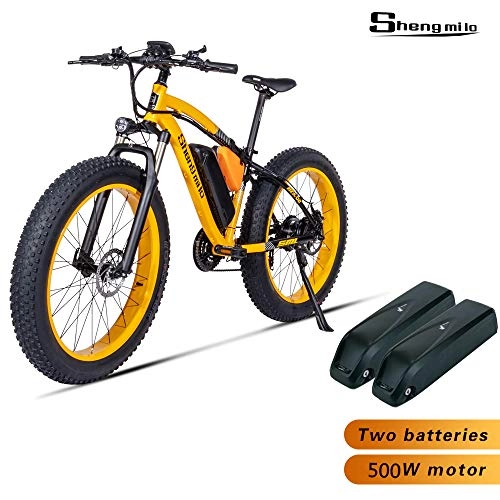 Elektrische Mountainbike : Shengmilo MX02 26-Zoll-Fettreifen-Elektrofahrrad, 48-V-1000-W-Motor Schnee-Elektrofahrrad, Shimano 21-Gang-Mountainbike-Pedalassistent, hydraulische Scheibenbremse mit Lithiumbatterie (Gelb)