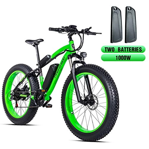 Elektrische Mountainbike : Shengmilo MX02 26-Zoll-Fettreifen-Elektrofahrrad, 48-V-1000-W-Motor Schnee-Elektrofahrrad, Shimano 21-Gang-Mountainbike-Pedalassistent, hydraulische Scheibenbremse mit Lithiumbatterie (Grün)