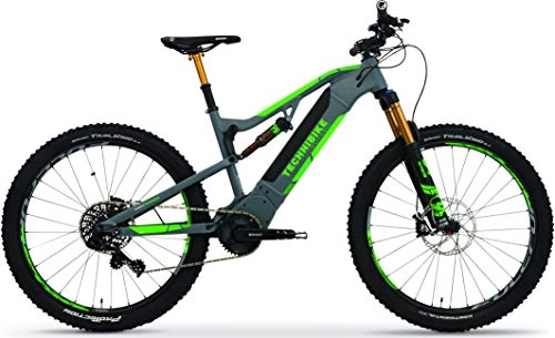 Elektrische Mountainbike : TechniBike VOTARO FS 27, 5 Zoll E-Bike (Pedelec, Elektrofahrrad, Full Suspension Mountainbike, 600Wh Continental Akku, Continental 36V 250 Watt 90 Nm Motor, Rahmenhöhe 48 cm) anthrazit / grün