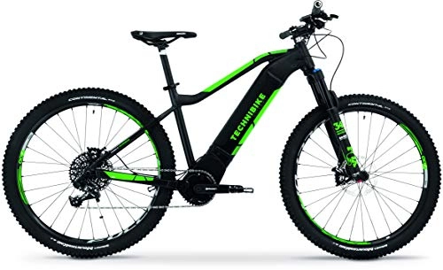 Elektrische Mountainbike : TechniBike VOTARO HT 27, 5 Zoll E-Bike (Pedelec, Elektrofahrrad, Hardtail Mountainbike, 600Wh Continental Akku, Continental 36V 250 Watt 90 Nm Motor, Rahmenhöhe 40 cm) schwarz matt / grün