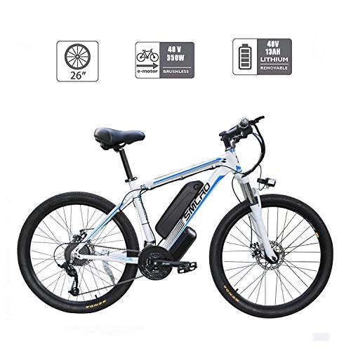 Elektrische Mountainbike : UNOIF Bike Mountainbike elektrisches Fahrrad mit 21-Gang-Shimano-Übertragungssystem, 350W, 13AH, 48V-Lithium-Ionen-Akku, 26" Zoll, Pedelec City Bike Leichte, White Blue