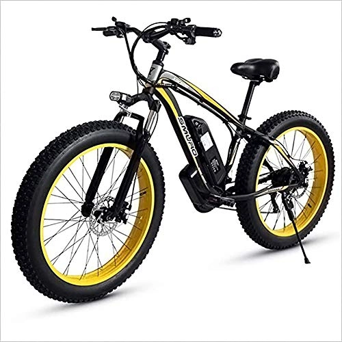 Elektrische Mountainbike : WXX Adult Fat Tire Elektro MTB, Aluminium-Legierung 26 Zoll Off Road Schnee Bikes 350W 48V 15AH Lithium-Batterie Fahrrad Ebike 27 Geschwindigkeiten 4.0 Breites Rad Moped, Gelb