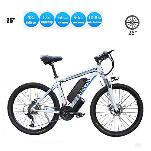 Elektrische Mountainbike : YMhome Elektrisches Fahrrad, 26" Electric City Ebike Fahrrad mit 350W Brushless Heckmotor für Erwachsene, 48V / 13Ah Abnehmbare Lithium-Batterie, White Blue