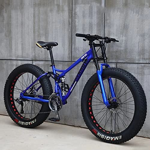 Fat Tire Mountainbike : 26" Mountainbikes, 7 / 21 / 24 / 27 Speed Bicycle, Adult Super Wide Reifen Mountain Trail Bike, High Carbon Carbon Rahmen Dual Full Suspension Dual Disc Bremse, Sechs Farb Blue-7 Speed