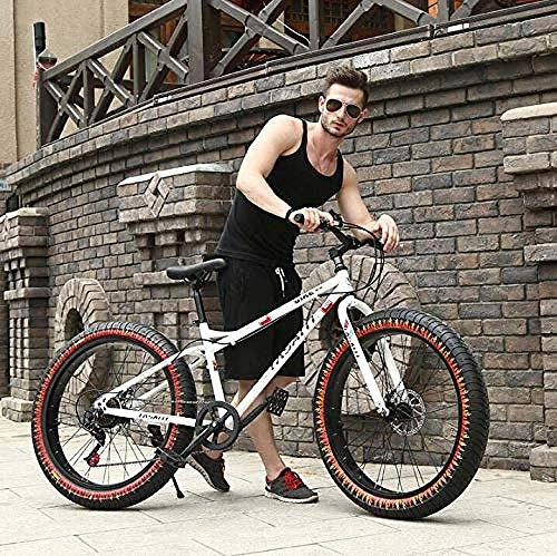 Fat Tire Mountainbike : Abrahmliy Mountainbike für Erwachsene Doppelscheibenbremse Fat Tire Mountain Trail Fahrrad Hardtail Mountainbike Rahmen aus kohlenstoffhaltigem Stahl 26-Zoll-Räder-Weiß_27 Geschwindigkeit