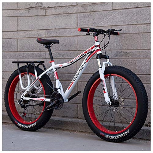 Fat Tire Mountainbike : Adult Mountainbikes, Fat Tire Dual-Suspension Mountainbike, Carbonrahmen, High Terrain Mountainbike, 26", 21Speed, White red