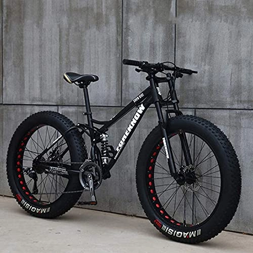 Fat Tire Mountainbike : AZBYC Mountainbike, 26 Zoll (66 cm), Erwachsene, Fat-Tyre-Mountain-Trail-Bike, 24-Gang-Fahrrad, Rahmen Aus Karbonstahl, Doppelte Vollfederung, Doppelte Scheibenbremse, Black