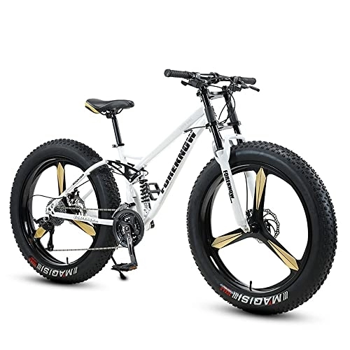 Fat Tire Mountainbike : Dickrad-Mountainbike mit Rahmen aus kohlenstoffreichem Stahl, Fat Tire Mountain Trail-Fahrrad für Erwachsene, Herren-Mountainbike mit Doppelfederung, Doppelscheibenbremse, Weiß, 26 Zoll, 21 Geschwin