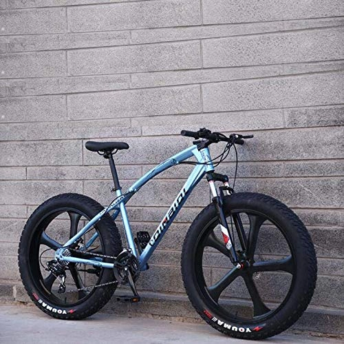 Fat Tire Mountainbike : LJLYL Mountainbike-Fahrrad für Erwachsene, Cruiser-Bike mit hohem Kohlenstoffstahlrahmen, Doppelscheibenbremse und vordere Vollfedergabel, Blau, 26 inch 27 Speed