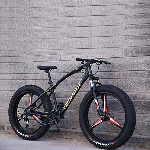 Fat Tire Mountainbike : LJLYL Mountainbike-Fahrrad für Erwachsene, Rahmen aus Kohlenstoffstahl, Doppelscheibenbremse und vordere Vollfedergabel, Schwarz, 24 inch 7 Speed