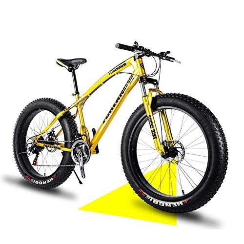 Fat Tire Mountainbike : NENGGE 24 Zoll Mountainbike Fette Reifen Fahrräder für Jugend, Erwachsenen Herren Damen Hardtail MTB mit Gabelfederung Zwei Scheibenbremsen, Rahmen aus Kohlenstoffstahl, Gold, 27 Speed