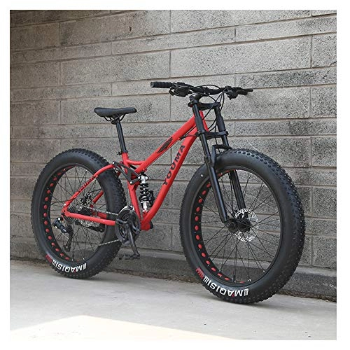 Fat Tire Mountainbike : NENGGE 26 Zoll Mountainbike, Erwachsenen Jugend Hardtail MTB, Rahmen aus Kohlenstoffstahl, Großer Reifen Vollfederung Mountain Bike, Rot, 27 Speed