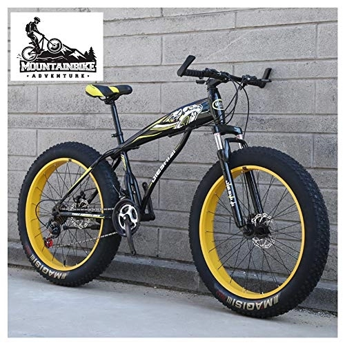 Fat Tire Mountainbike : NENGGE Fette Reifen Hardtail MTB mit Gabelfederung für Erwachsenen Herren Damen, Unisex Jugend Kohlenstoffstahl Fahrräder Mountainbike, Zwei Scheibenbremsen, Yellow1, 26 Inch 27 Speed