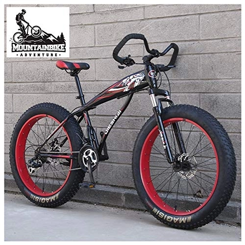 Fat Tire Mountainbike : NENGGE Gabelfederung Fette Reifen Hardtail MTB, Herren Damen Zwei Scheibenbremsen Mountainbike, Erwachsenen Fahrräder Rahmen aus Kohlenstoffstahl, Unisex, Rot, 26 Inch 7 Speed