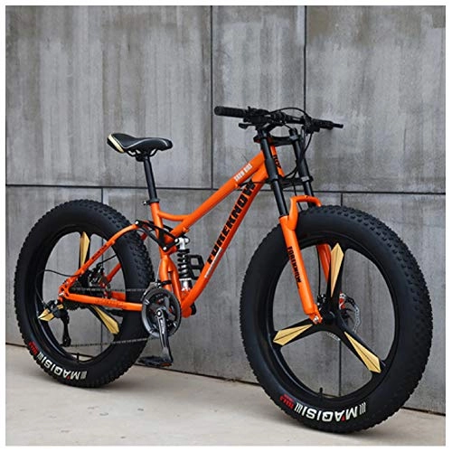 Fat Tire Mountainbike : NENGGE Mountainbike MTB, 26 Zoll Fette Reifen Fahrrad, Fahrrad mit Scheibenbremsen, Rahmen aus Kohlenstoffstahl, MTB Fahrrad für Herren und Damen, 27 Speed, Orange 3 Spoke
