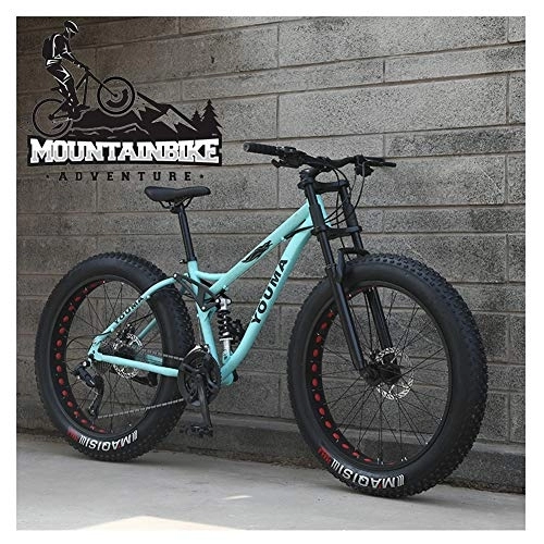 Fat Tire Mountainbike : NENGGE MTB 26 Zoll Fette Reifen für Erwachsenen Herren Damen, Vollfederung Mountainbike mit Zwei Scheibenbremsen, Jugend Unisex Kohlenstoffstahl Fahrräder, Grün, 21 Speed