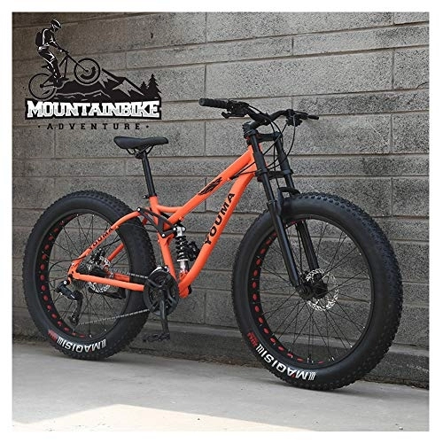 Fat Tire Mountainbike : NENGGE MTB 26 Zoll Fette Reifen für Erwachsenen Herren Damen, Vollfederung Mountainbike mit Zwei Scheibenbremsen, Jugend Unisex Kohlenstoffstahl Fahrräder, Orange, 27 Speed