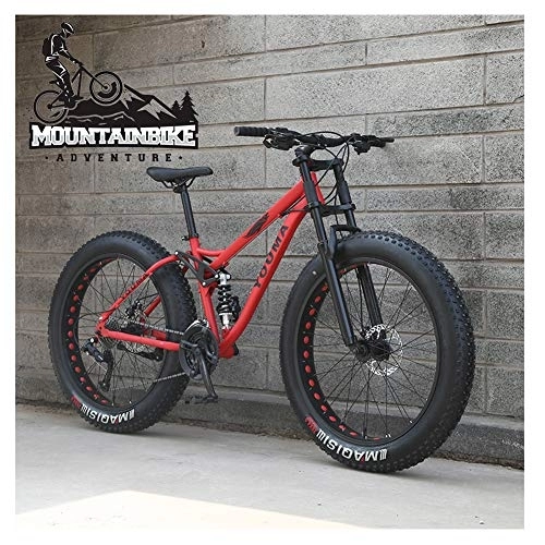 Fat Tire Mountainbike : NENGGE MTB 26 Zoll Fette Reifen für Erwachsenen Herren Damen, Vollfederung Mountainbike mit Zwei Scheibenbremsen, Jugend Unisex Kohlenstoffstahl Fahrräder, Rot, 24 Speed