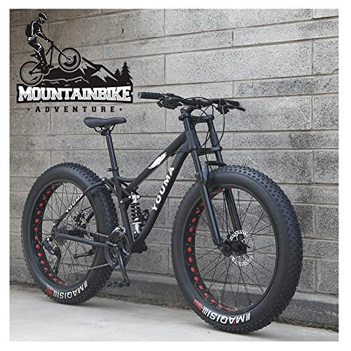 Fat Tire Mountainbike : NENGGE MTB 26 Zoll Fette Reifen für Erwachsenen Herren Damen, Vollfederung Mountainbike mit Zwei Scheibenbremsen, Jugend Unisex Kohlenstoffstahl Fahrräder, Schwarz, 21 Speed
