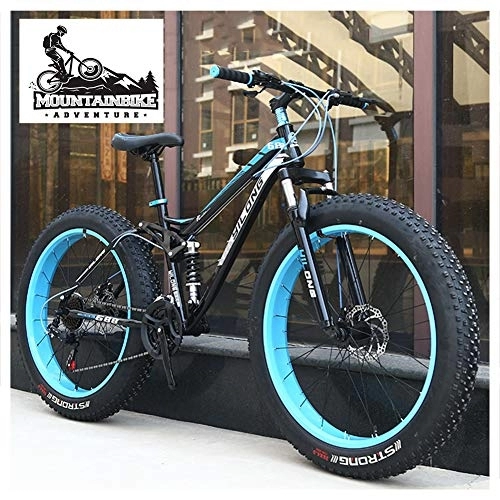 Fat Tire Mountainbike : NENGGE Vollfederung Fahrräder MTB für Herren Damen, Unisex Fette Reifen Mountainbike mit Zwei Scheibenbremsen, Rahmen aus Kohlenstoffstahl, Blau, 24 Inch 21 Speed