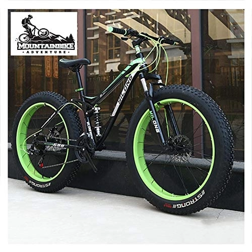 Fat Tire Mountainbike : NENGGE Vollfederung Fahrräder MTB für Herren Damen, Unisex Fette Reifen Mountainbike mit Zwei Scheibenbremsen, Rahmen aus Kohlenstoffstahl, Grün, 24 Inch 24 Speed