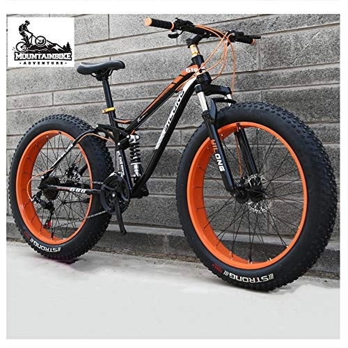 Fat Tire Mountainbike : NENGGE Vollfederung Fahrräder MTB für Herren Damen, Unisex Fette Reifen Mountainbike mit Zwei Scheibenbremsen, Rahmen aus Kohlenstoffstahl, Orange, 24 Inch 21 Speed
