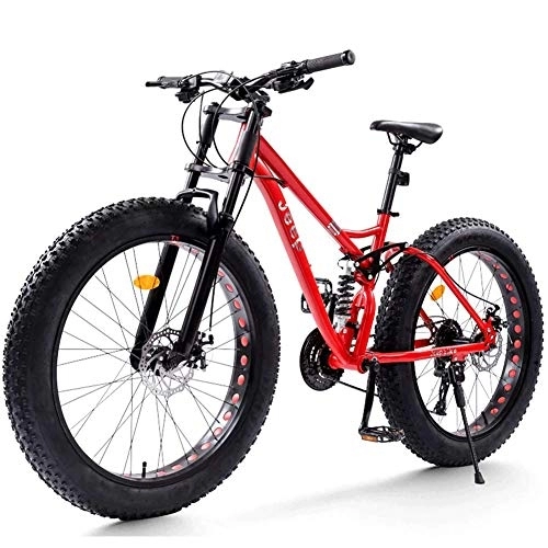 Fat Tire Mountainbike : NENGGE Vollfederung Mountainbike 26 Zoll für Herren Damen, Erwachsenen Fette Reifen MTB mit Scheibenbremsen, Unisex Fahrräder, Rahmen aus Kohlenstoffstahl, Rot, 27 Speed