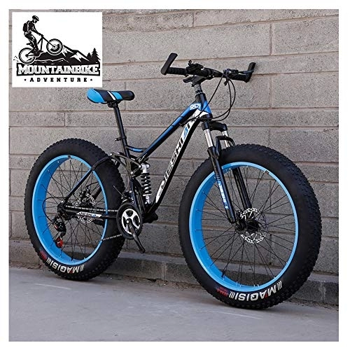 Fat Tire Mountainbike : NENGGE Vollfederung MTB mit Zwei Scheibenbremsen für Herren & Damen, Fette Reifen Erwachsenen Jugend Mountainbike, Kohlenstoffstahl Unisex Fahrräder, Blue 1, 24 Inch 21 Speed
