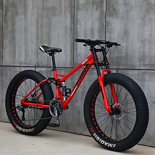 Fat Tire Mountainbike : SHUI 24"Mountainbikes, 27-Gang-Fahrrad, Mountain Trail-Bike Für Erwachsene Mit Fettem Reifen, Dual-Carbon-Vollfederung, Doppelscheibenbremse red- 21 Speed