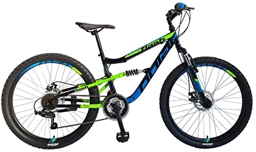 Mountainbike : breluxx® 26 Zoll Mountainbike Vollfederung Flash Sport 2D, Scheibenbremsen, grün / blau, 18 Gang Shimano, inkl. Schutzbleche