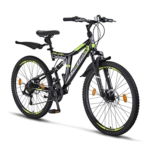 Mountainbike : Chillaxx Bike Falcon Premium Mountainbike in 24 und 26 Zoll - Fahrrad für Jungen, Mädchen, Damen und Herren - Scheibenbremse- 21 Gang-Schaltung - Vollfederung (26 Zoll, Schwarz-Lime Disc-Bremse)